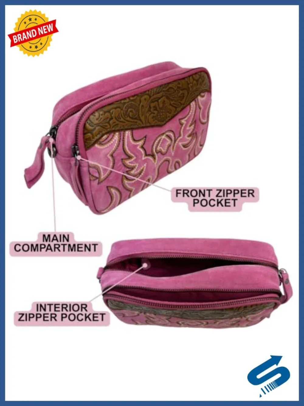 Western Leather Crossbody Bag with Embroidery - Boho Country Shoulder Purse